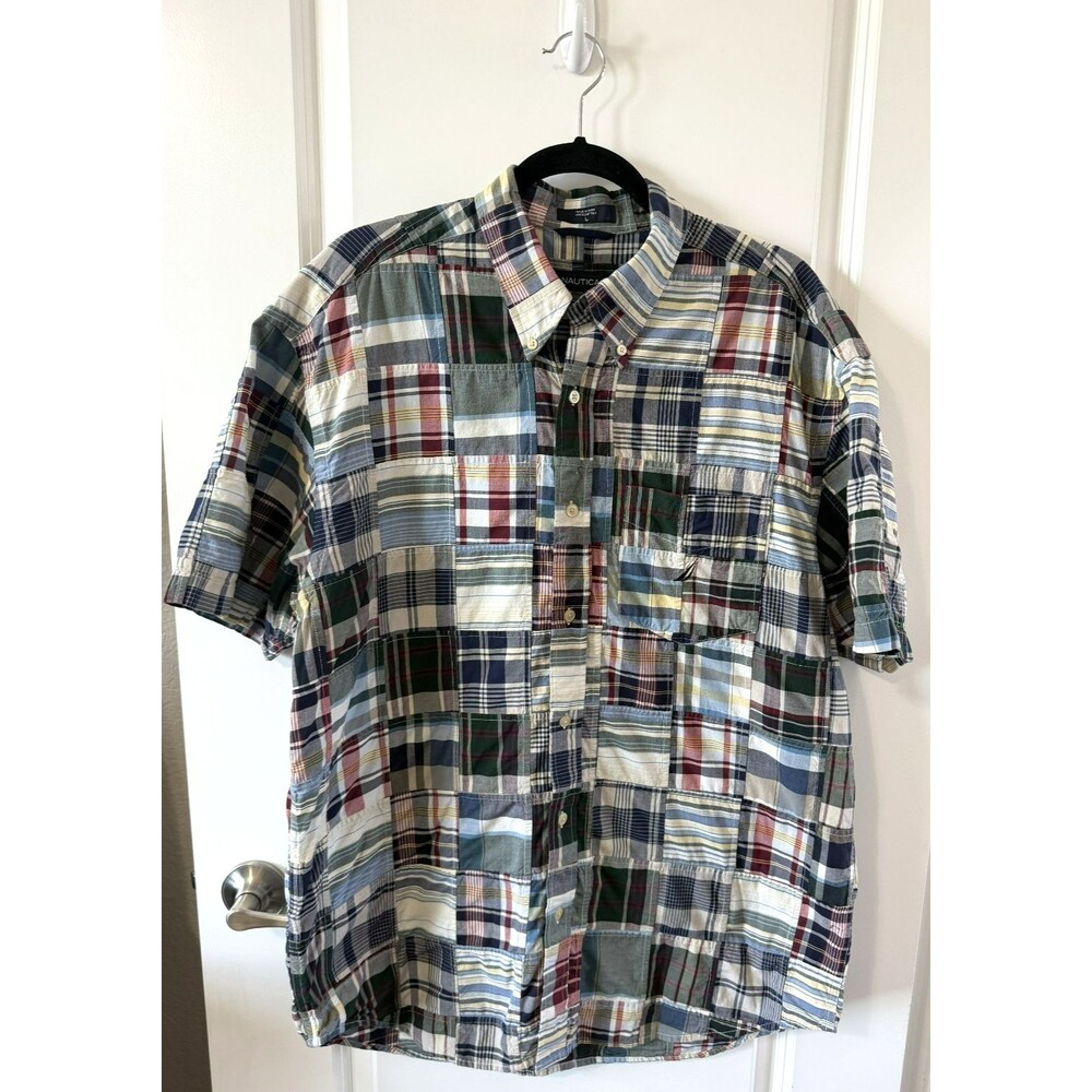 VTG Nautica Men's Madras Patchwork Plaid Button Up Short Sleeve Shirt - Large